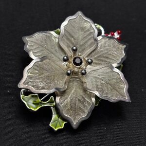 Vintage Silver Tone Mesh Floral Brooch Enamel Leaves Berry Mid Century Pin